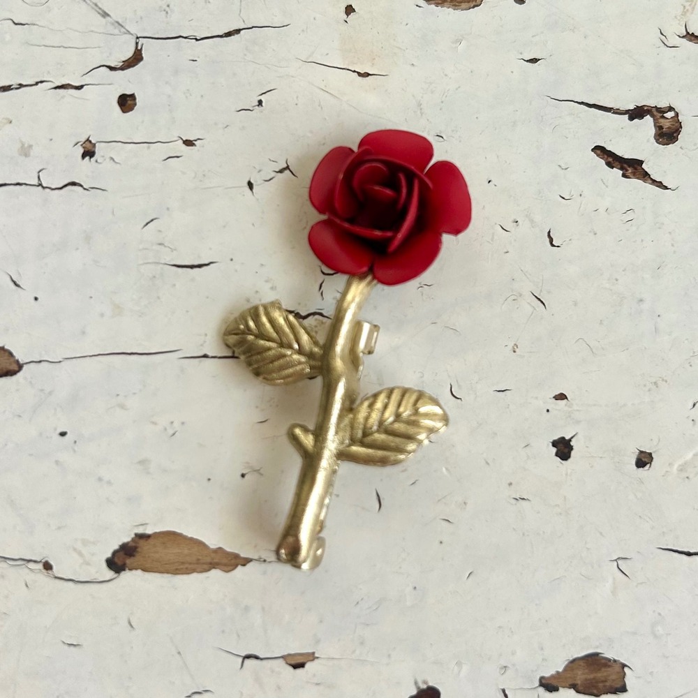 Vintage Gold Tone Red Rose Brooch Enamel Flower Pin Botanical Floral Accessory